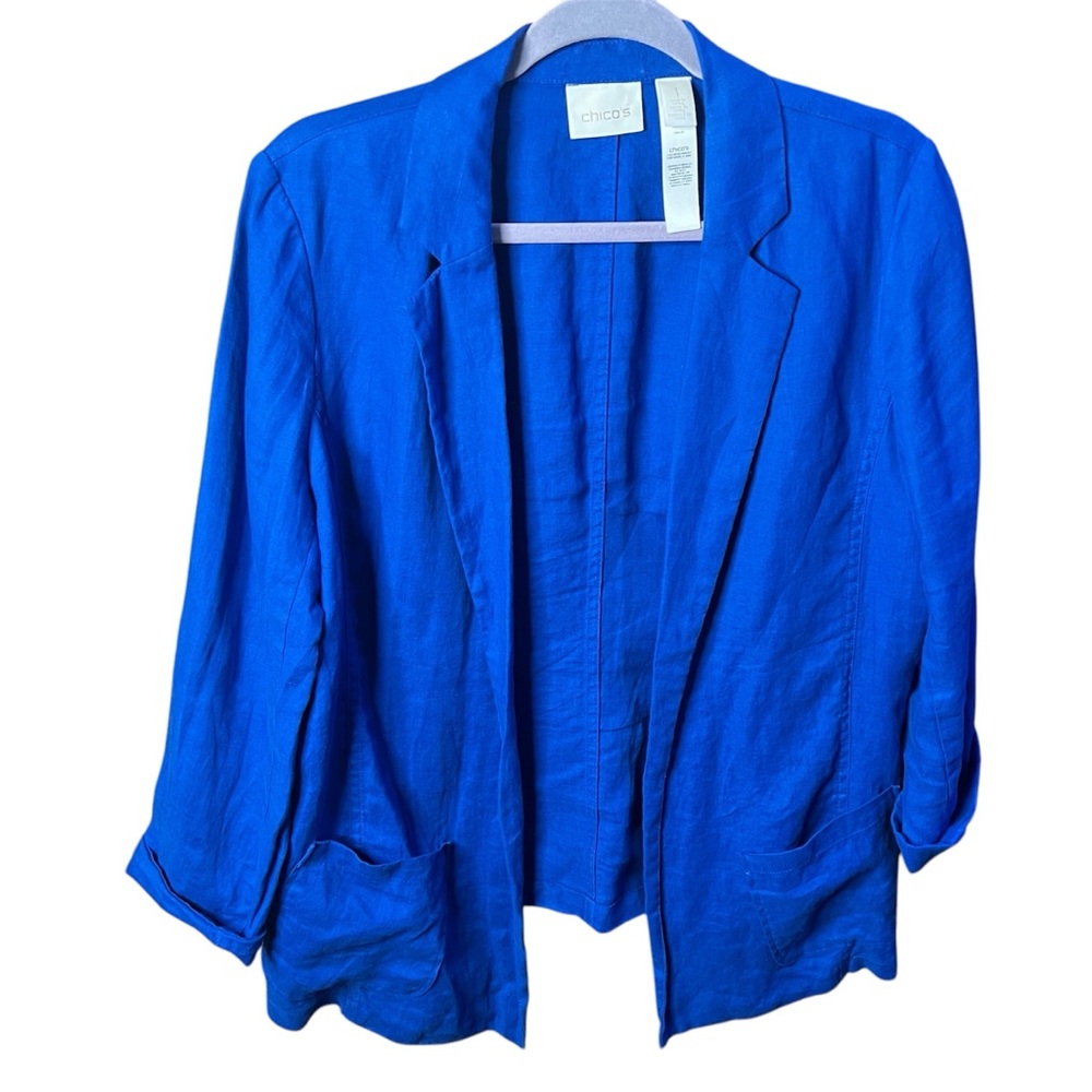 CHICO'S Summer Linen Majestic Blue Open Blazer Jacket Sz 1 = US Size 8